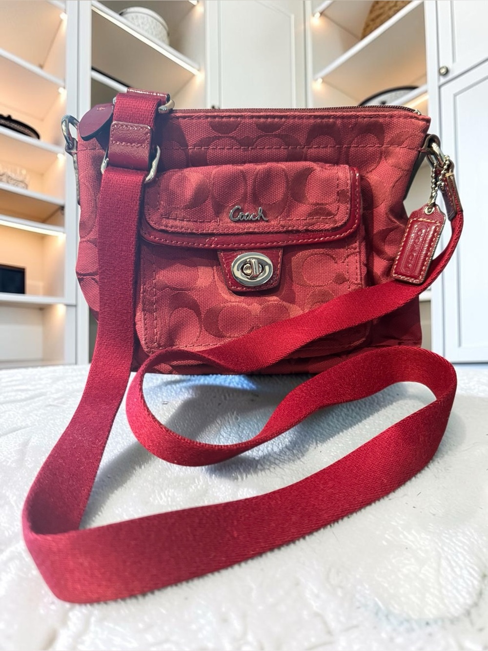 Coach Red Signature Jacquard Crossbody with Turn-Lock Pocket